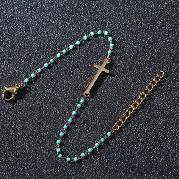 NWT Sideways Cross Beaded Bracelet Gold +Teal Blue - Picture 4 of 8